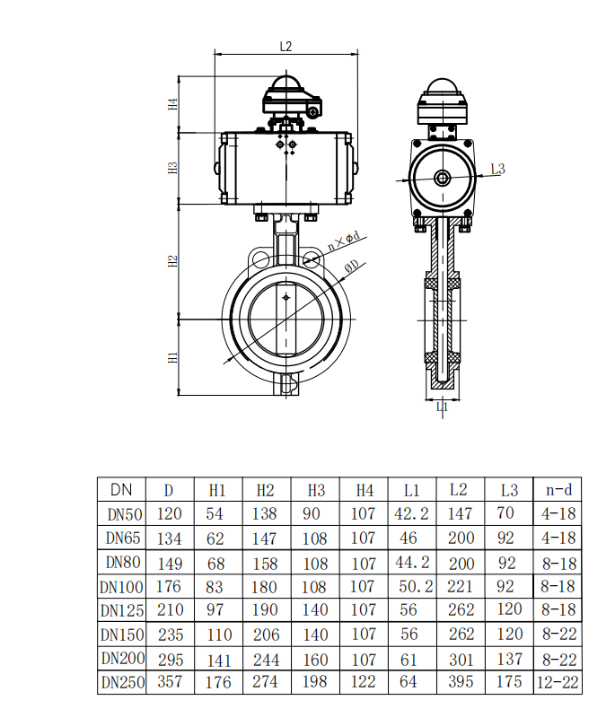 DN50 to DN250 anti-condensation butterfly valve dimensional drawing